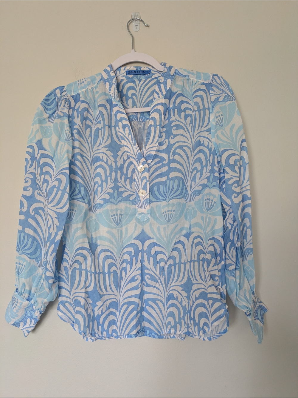 J. McLaughlin Blue and White Botanical Print Pullover Blouse